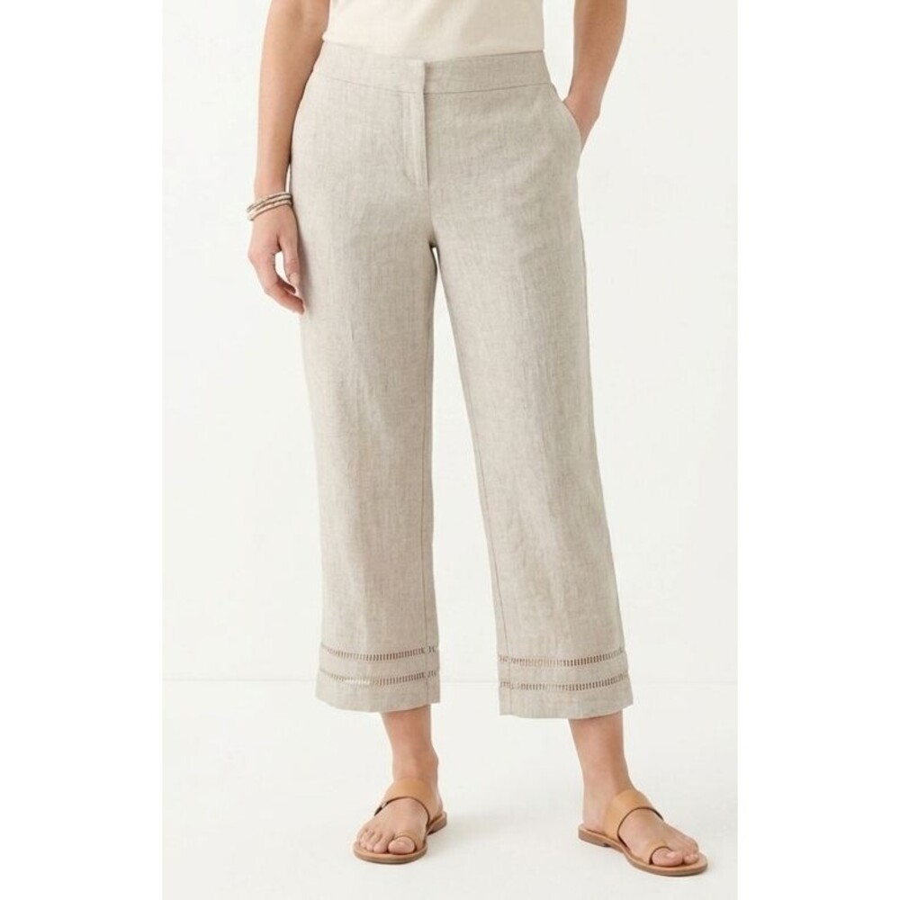 Chico's NWT Linen Ladder Trim Cropped Pants Beige Size 2 US 12 Wide Leg Coastal
